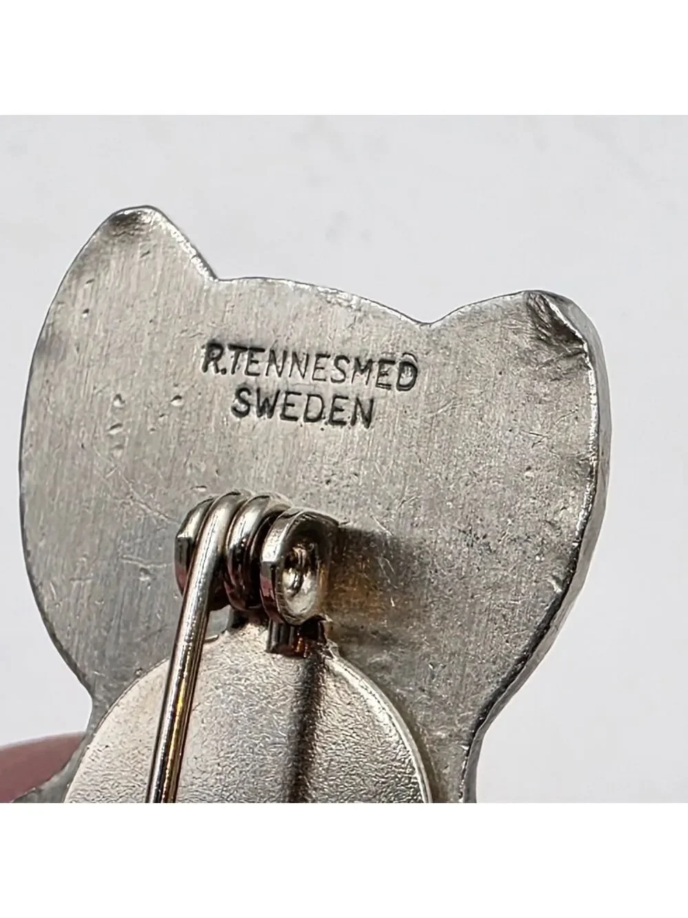 ​VTG Rune Tennesmed Sweden Pewter Cat Brooch Modernist Floral MCM Kitty Pin